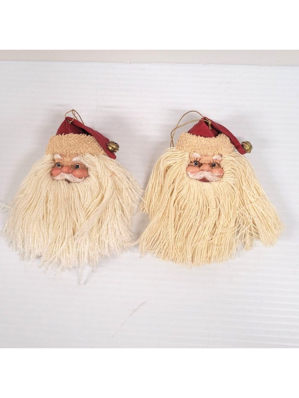 Santa Head Plastic Face Lot 2 String Beard 5" White Whiskers Hanging Vintage